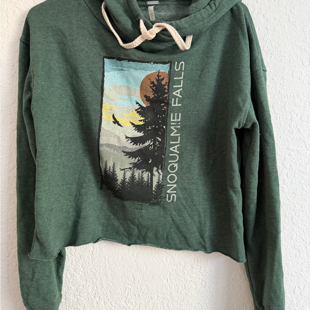 Forest Green Cowl Neck Hoodie with Scenic Graphic